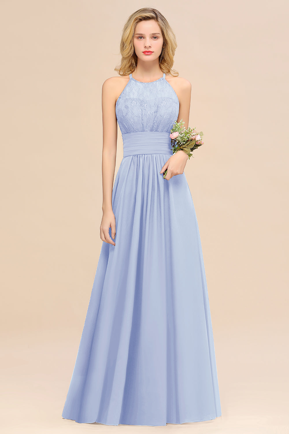 Elegant Halter Ruffles Sleeveless Grape Lace Bridesmaid Dresses Affordable-Babyonlines