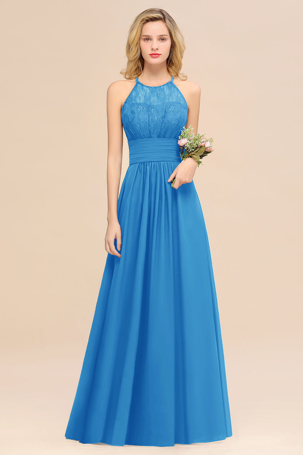 Elegant Halter Ruffles Sleeveless Grape Lace Bridesmaid Dresses Affordable-Babyonlines