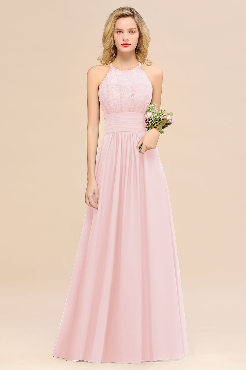 Elegant Halter Ruffles Sleeveless Grape Lace Bridesmaid Dresses Affordable-Babyonlines