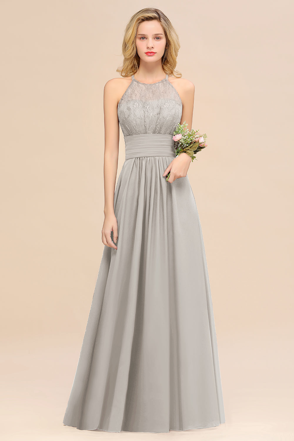Elegant Halter Ruffles Sleeveless Grape Lace Bridesmaid Dresses Affordable-Babyonlines