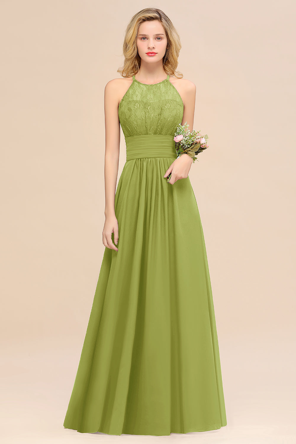 Elegant Halter Ruffles Sleeveless Grape Lace Bridesmaid Dresses Affordable-Babyonlines