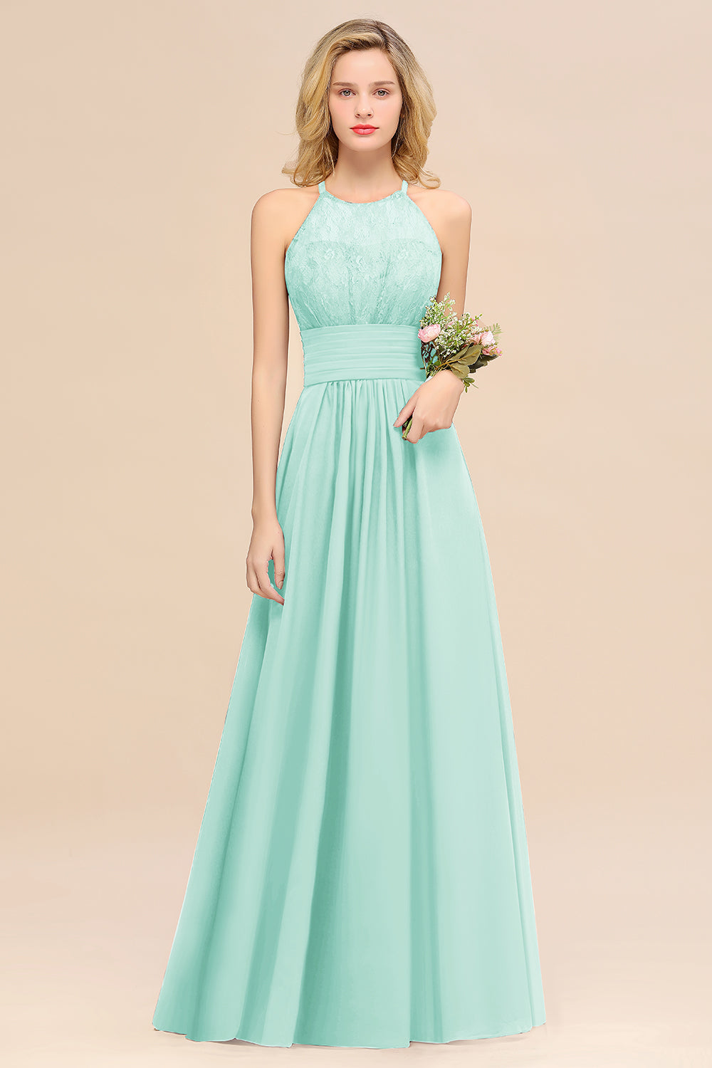 Elegant Halter Ruffles Sleeveless Grape Lace Bridesmaid Dresses Affordable-Babyonlines