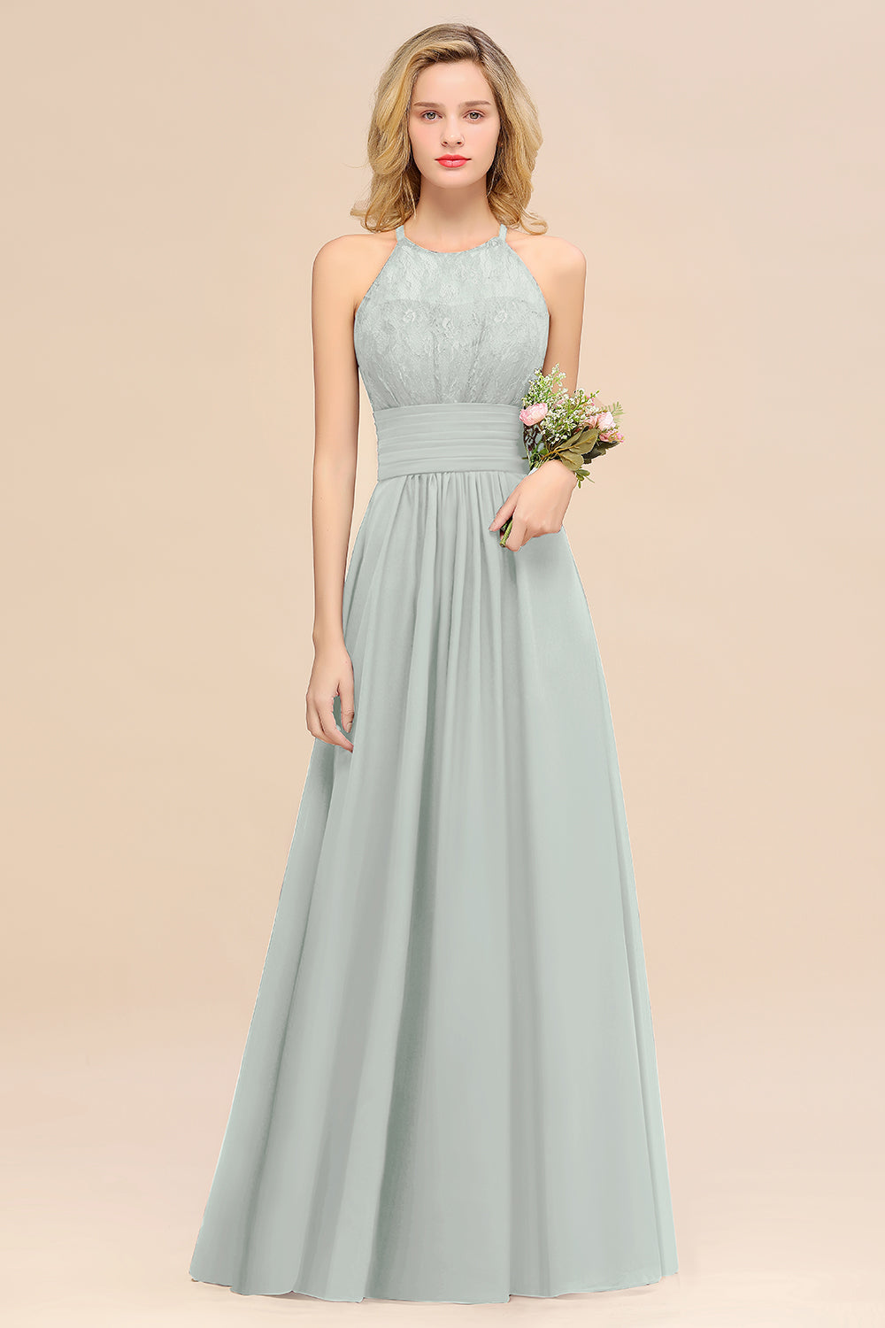 Elegant Halter Ruffles Sleeveless Grape Lace Bridesmaid Dresses Affordable-Babyonlines