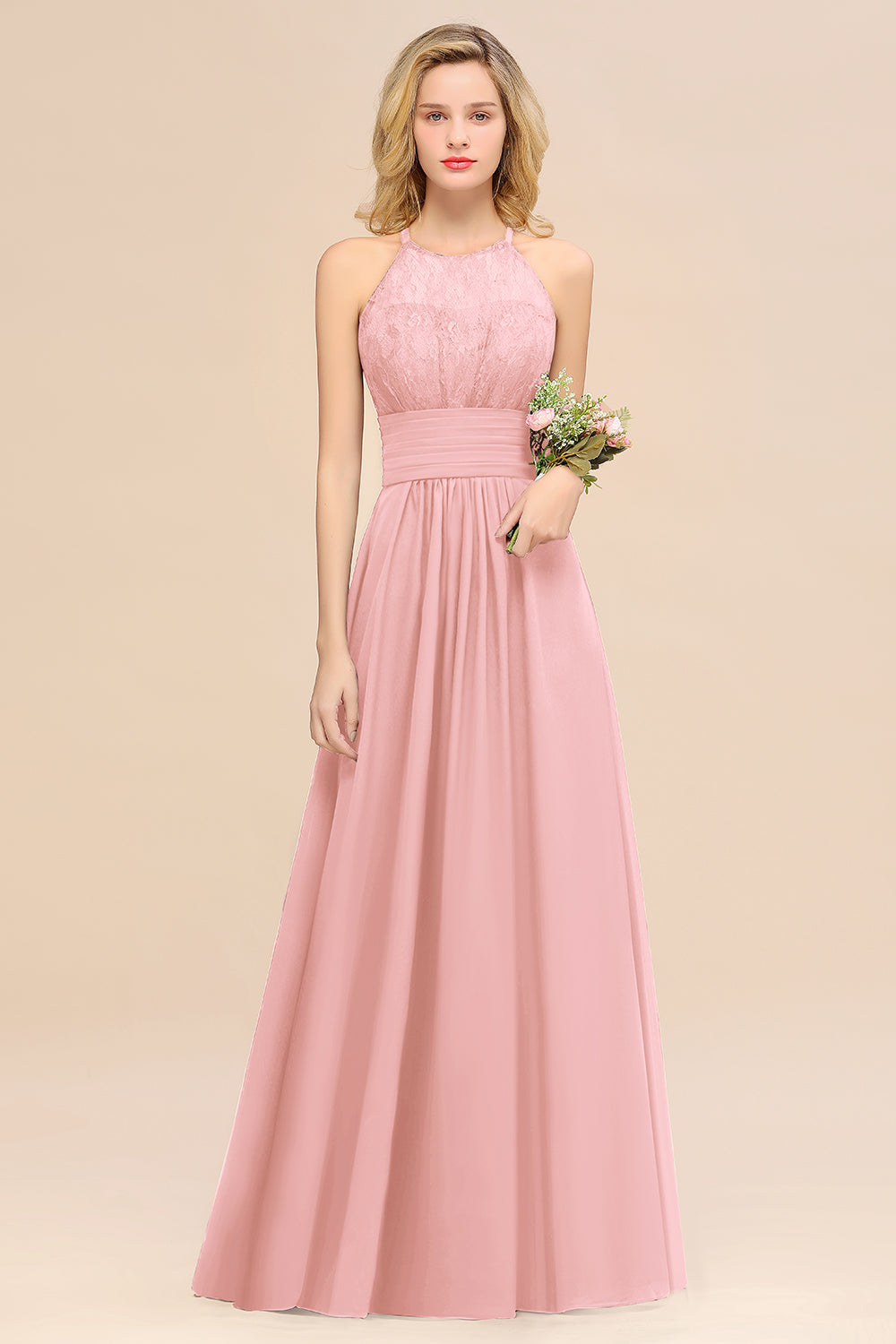 Elegant Halter Ruffles Sleeveless Grape Lace Bridesmaid Dresses Affordable-Babyonlines