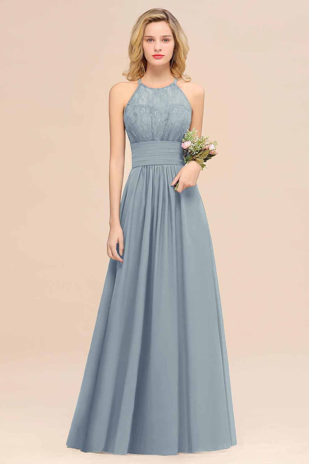 Elegant Halter Ruffles Sleeveless Grape Lace Bridesmaid Dresses Affordable-Babyonlines