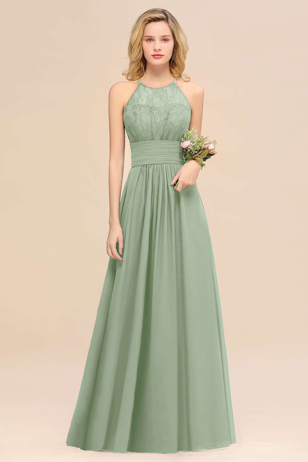 Elegant Halter Ruffles Sleeveless Grape Lace Bridesmaid Dresses Affordable-Babyonlines