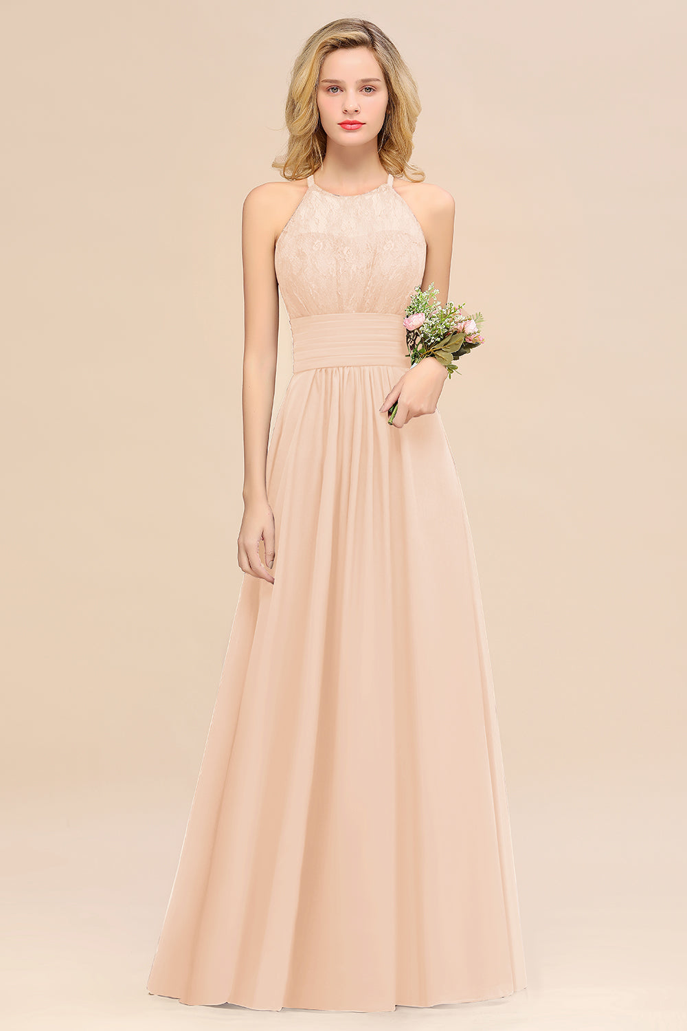 Elegant Halter Ruffles Sleeveless Grape Lace Bridesmaid Dresses Affordable-Babyonlines