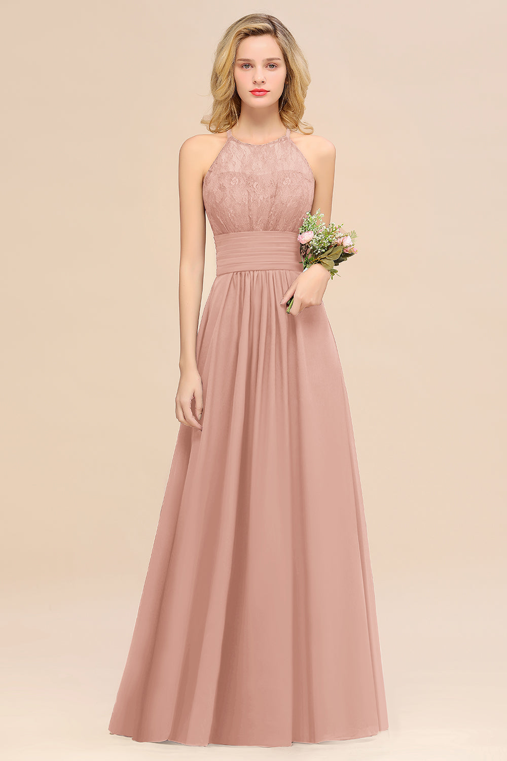 Elegant Halter Ruffles Sleeveless Grape Lace Bridesmaid Dresses Affordable-Babyonlines
