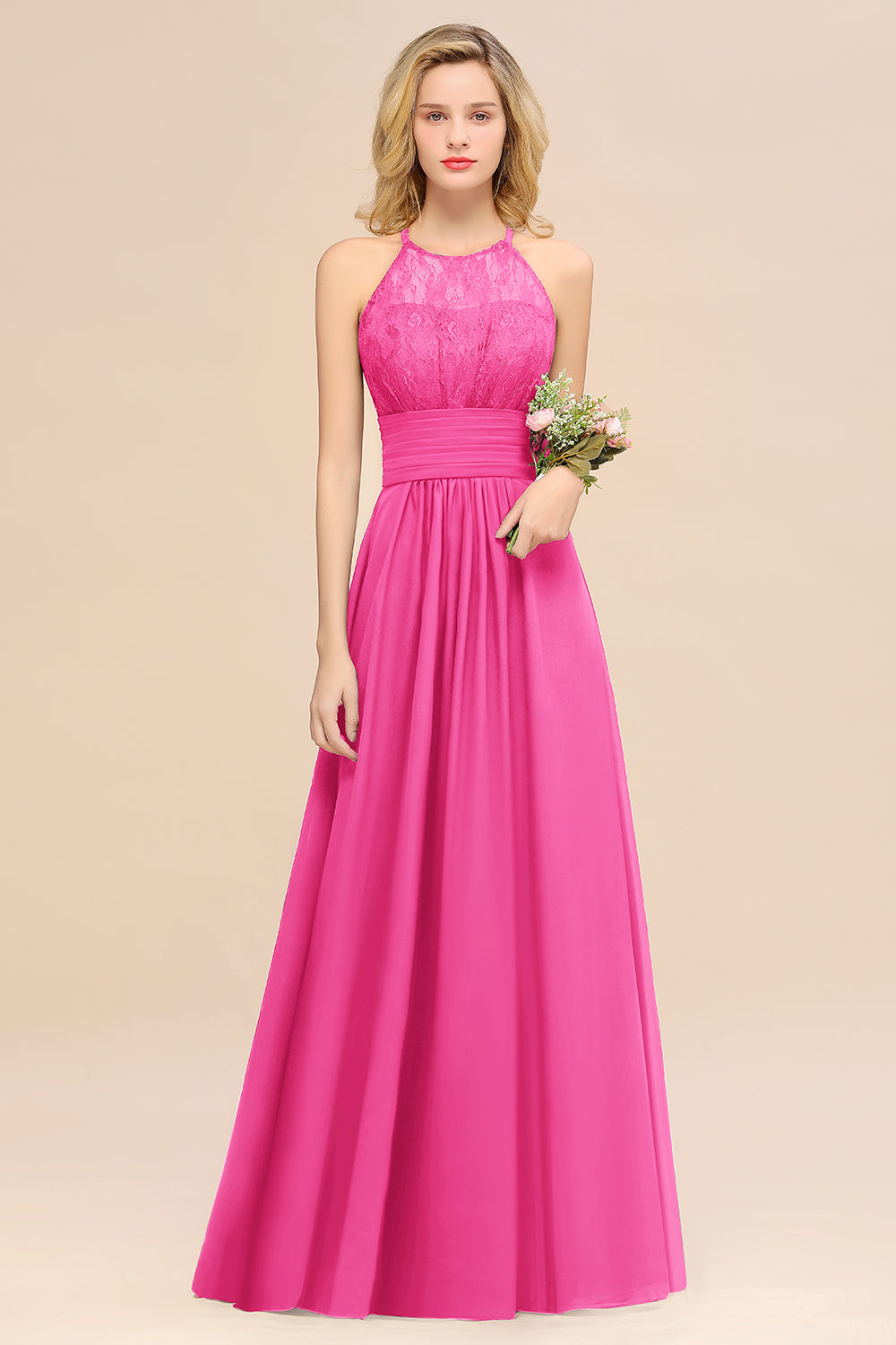Elegant Halter Ruffles Sleeveless Grape Lace Bridesmaid Dresses Affordable-Babyonlines