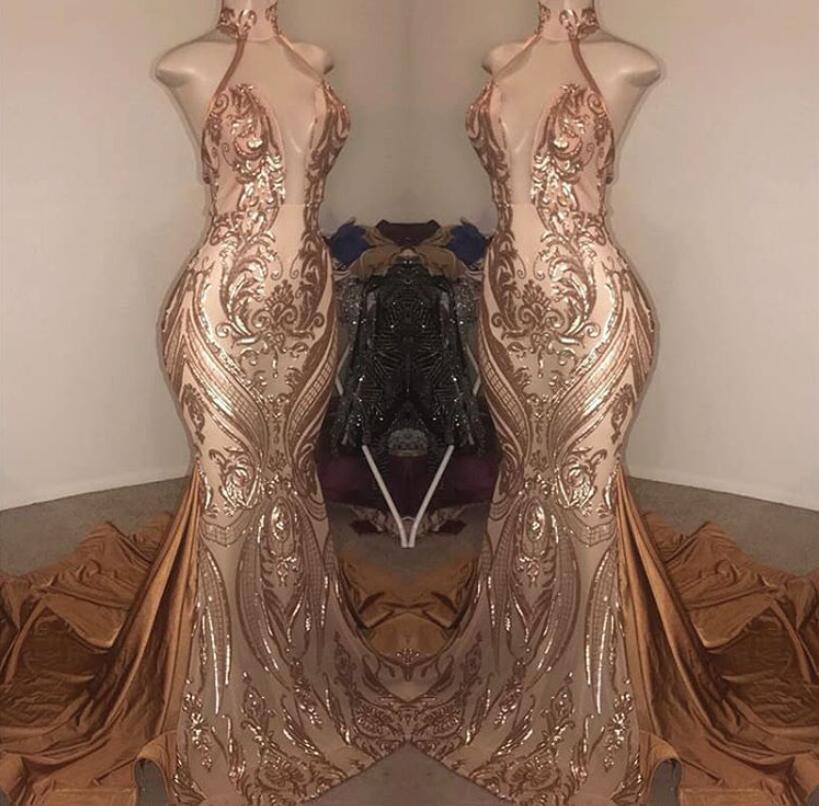 Elegant Halter V-Neck Sequins Mermaid Prom Dress
