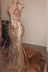 Elegant Halter V-Neck Sequins Mermaid Prom Dress