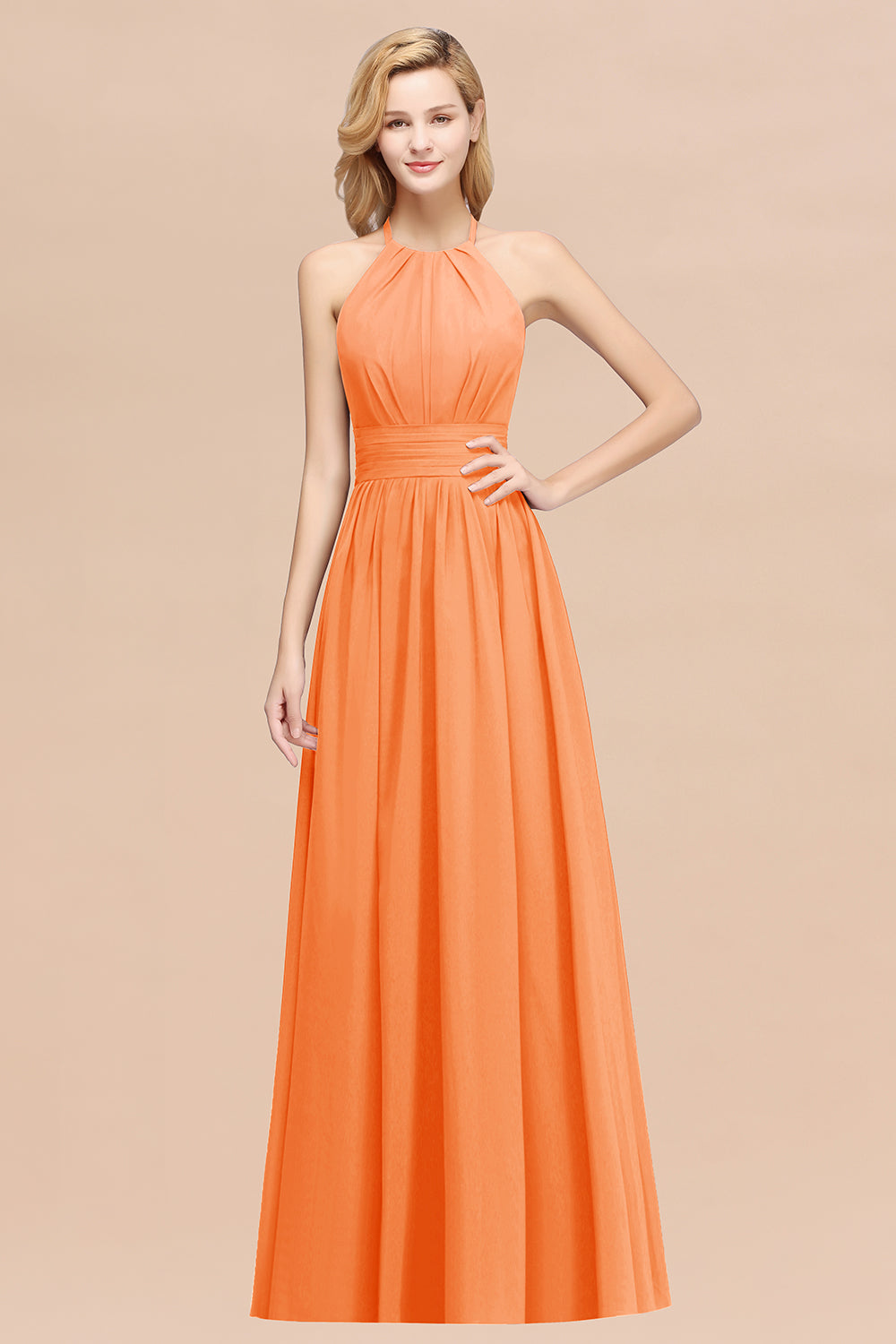 Elegant High-Neck Halter Long Affordable Bridesmaid Dresses with Ruffles-Babyonlines
