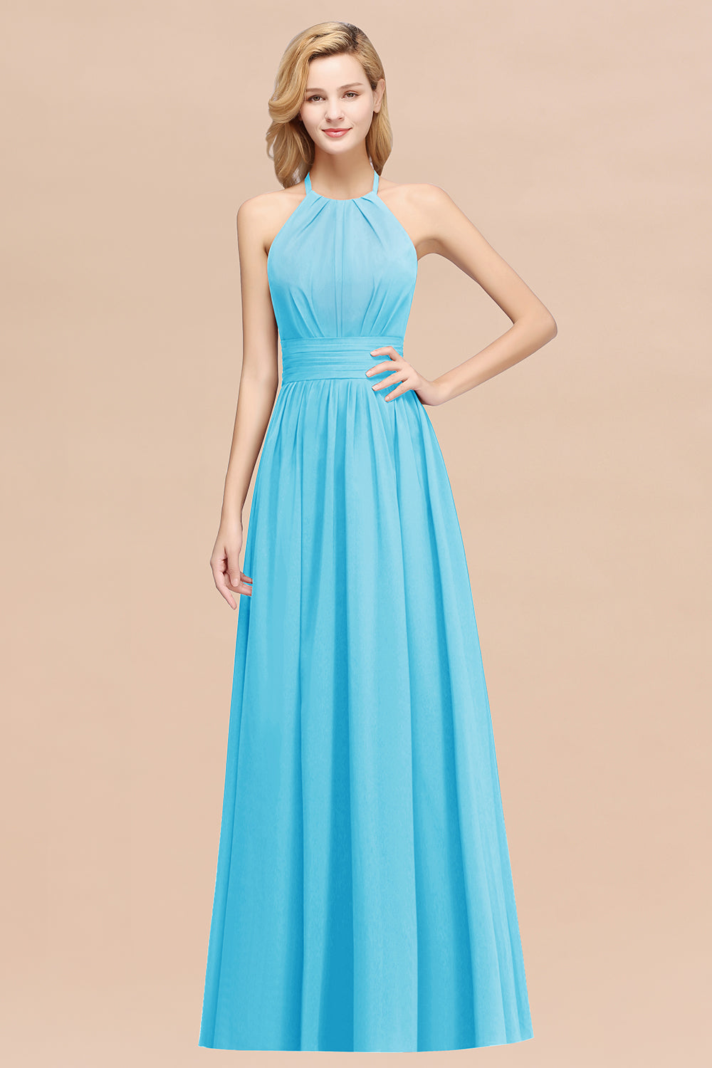 Elegant High-Neck Halter Long Affordable Bridesmaid Dresses with Ruffles-Babyonlines