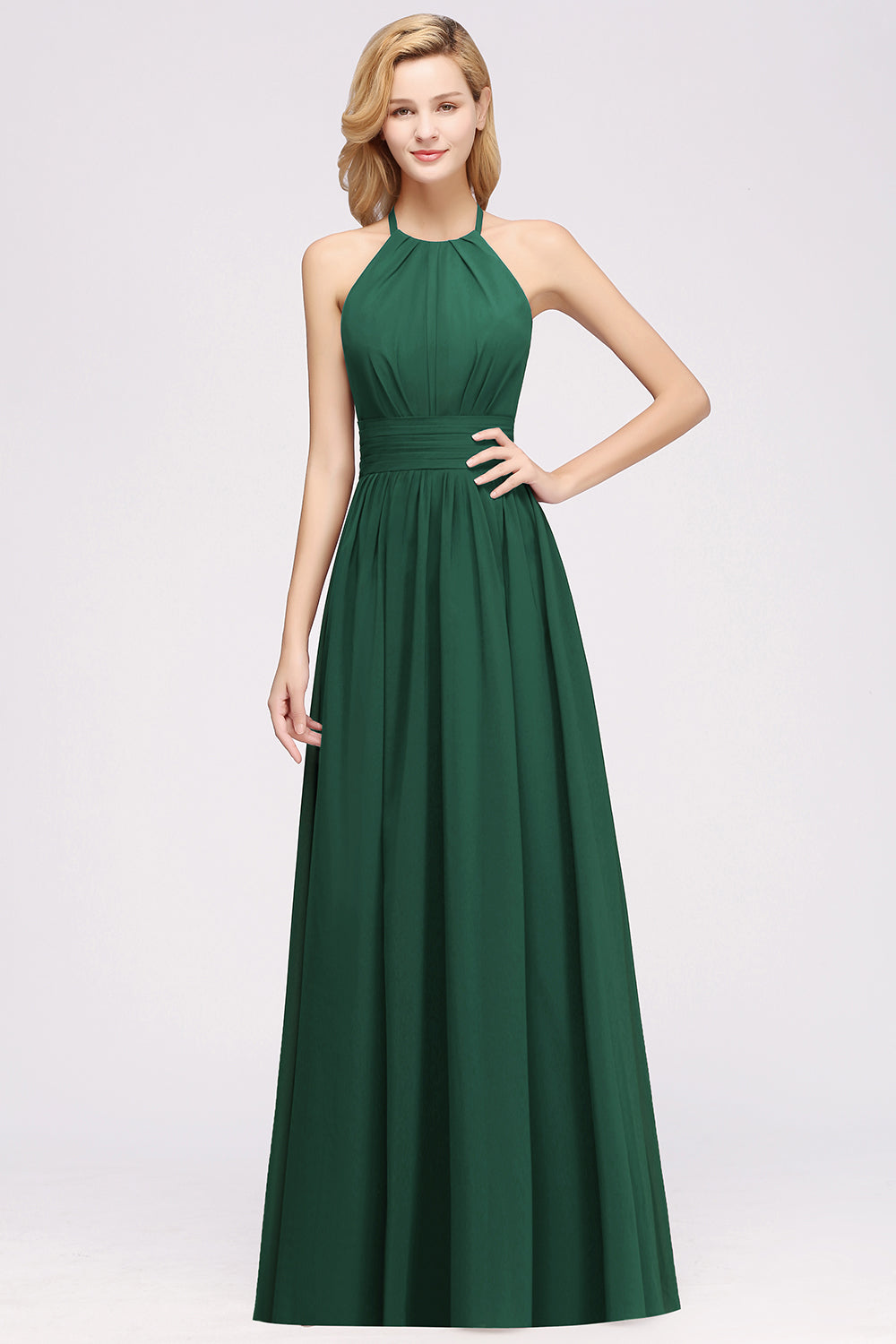 Elegant High-Neck Halter Long Affordable Bridesmaid Dresses with Ruffles-Babyonlines