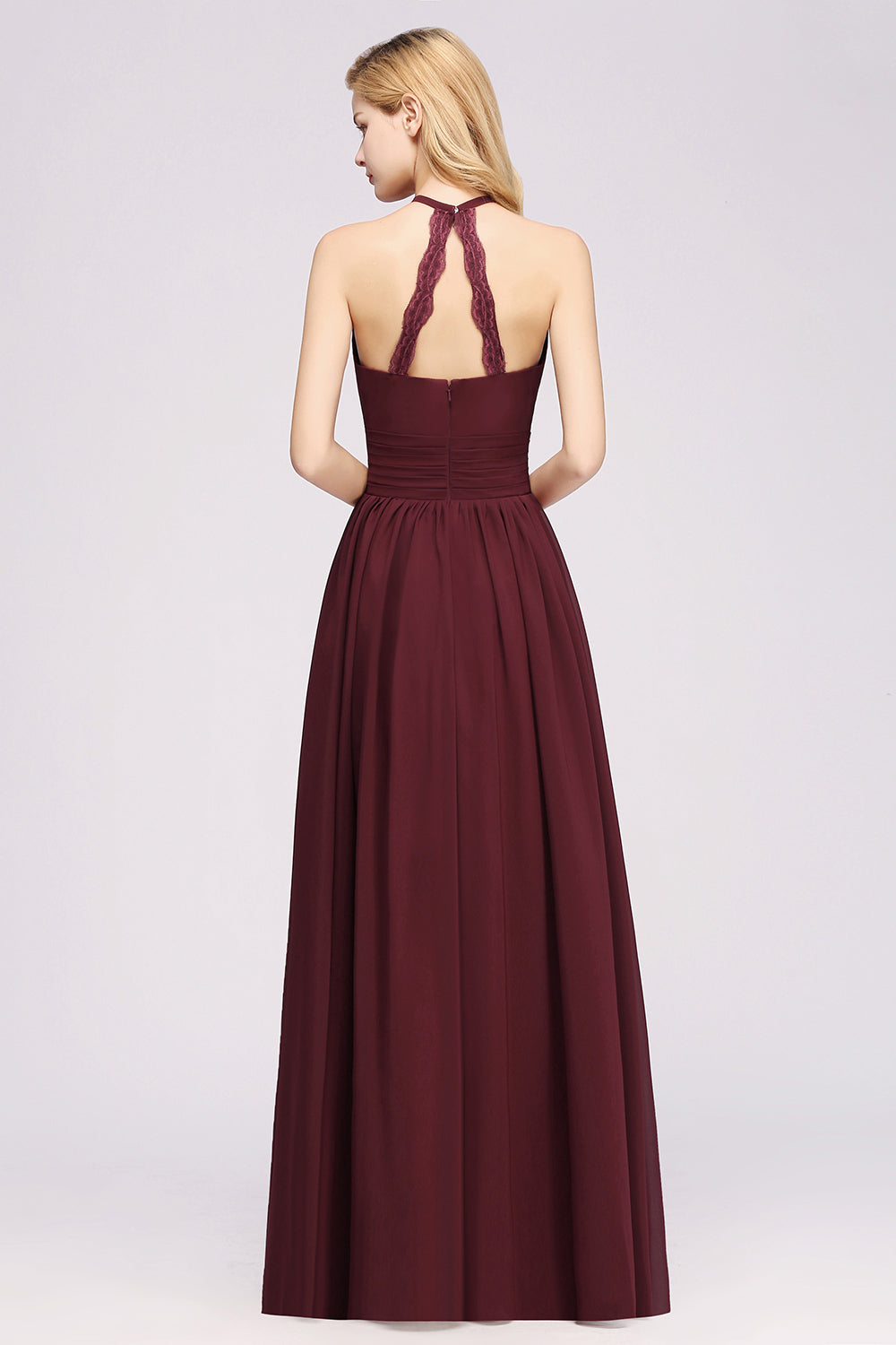 Elegant High-Neck Halter Long Affordable Bridesmaid Dresses with Ruffles-Babyonlines