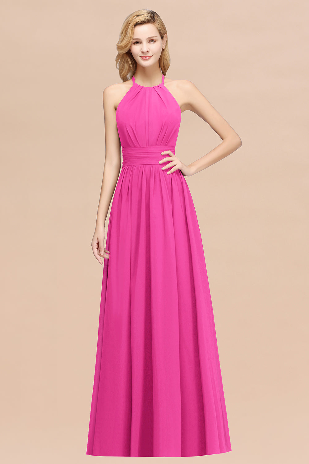 Elegant High-Neck Halter Long Affordable Bridesmaid Dresses with Ruffles-Babyonlines