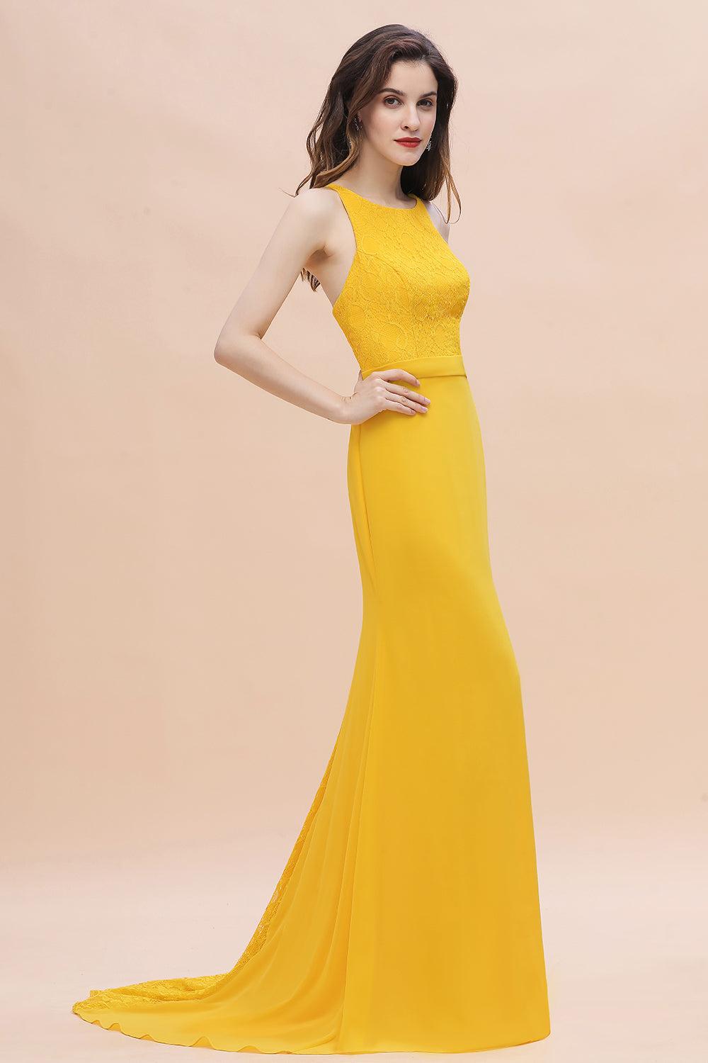 Elegant Jewel Mermaid Chiffon Lace Bridesmaid Dress On Sale-Babyonlines