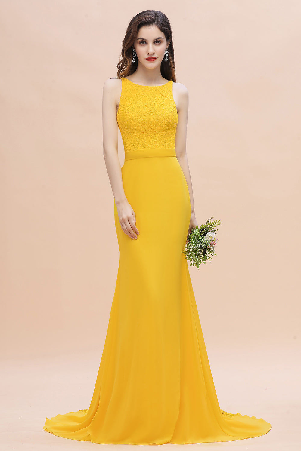 Elegant Jewel Mermaid Chiffon Lace Bridesmaid Dress On Sale-Babyonlines