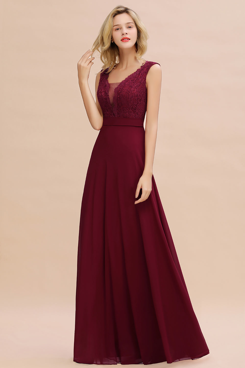 Elegant Lace Deep V-Neck Burgundy Bridesmaid Dress Affordable-Babyonlines