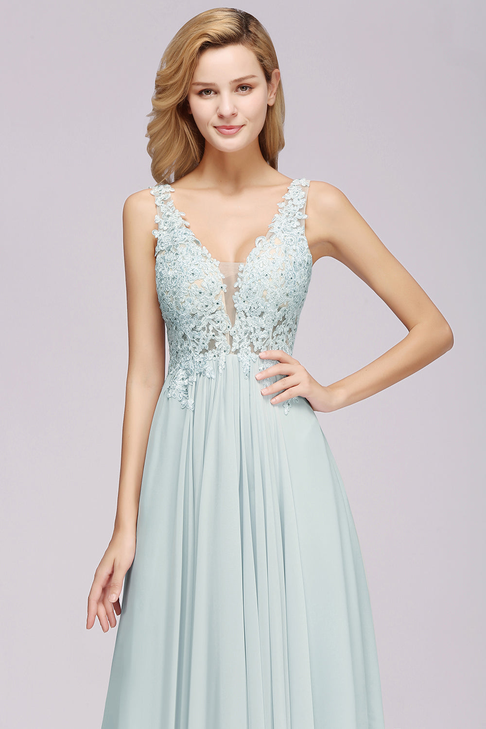 Elegant Lace V-Neck Chiffon Affordable Bridesmaid Dress with Beadings-Babyonlines
