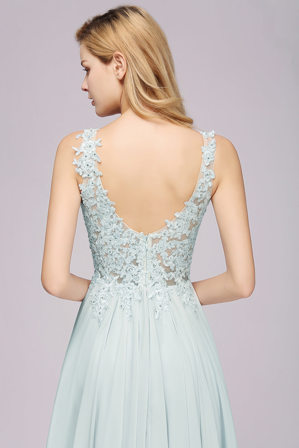 Elegant Lace V-Neck Chiffon Affordable Bridesmaid Dress with Beadings-Babyonlines