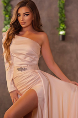 Elegant One Shoulder Long Prom Dress with High Split and Pleated