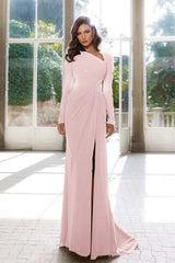 Elegant Long Sleeve Asymmetric Prom Dress with Split and Pleats