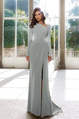 Elegant Long Sleeve Asymmetric Prom Dress with Split and Pleats