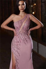 Elegant One Shoulder Mermaid Prom Dress with Split Appliques