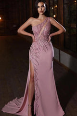 Elegant One Shoulder Mermaid Prom Dress with Split Appliques