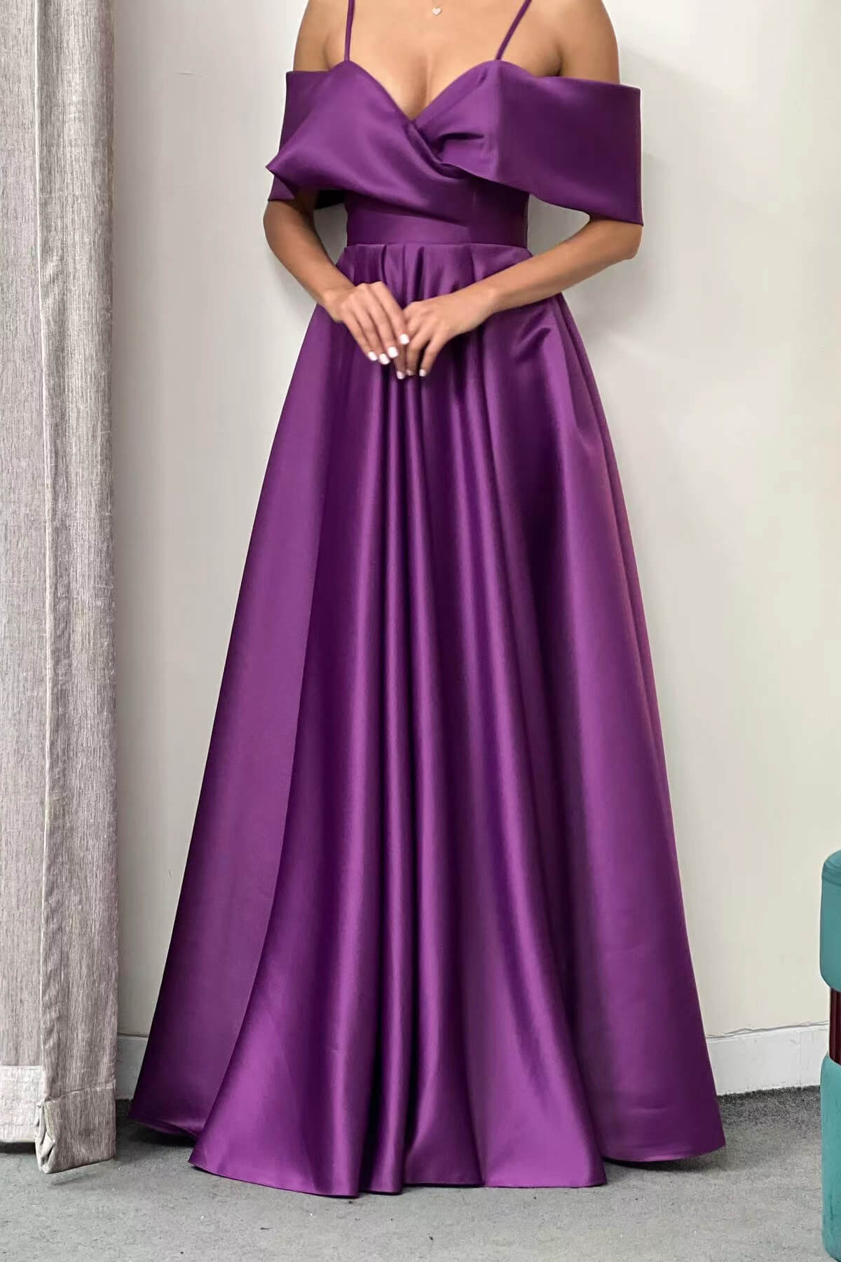Elegant Off the Shoulder Spaghetti Strap A-Line Prom Dress with Pockets