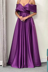 Elegant Off the Shoulder Spaghetti Strap A-Line Prom Dress with Pockets
