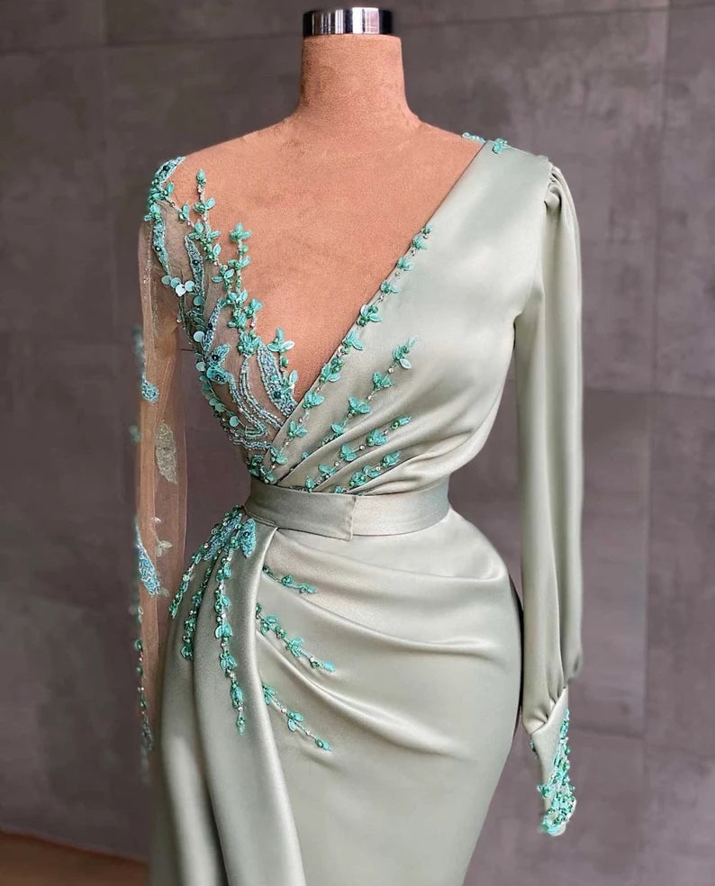 Elegant Long Sleeve Sage Mermaid Long Evening Dress with Appliques