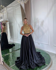 Elegant Halter Gold and Black Long Prom Dress with Sequins