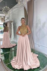 Elegant Halter Gold and Black Long Prom Dress with Sequins