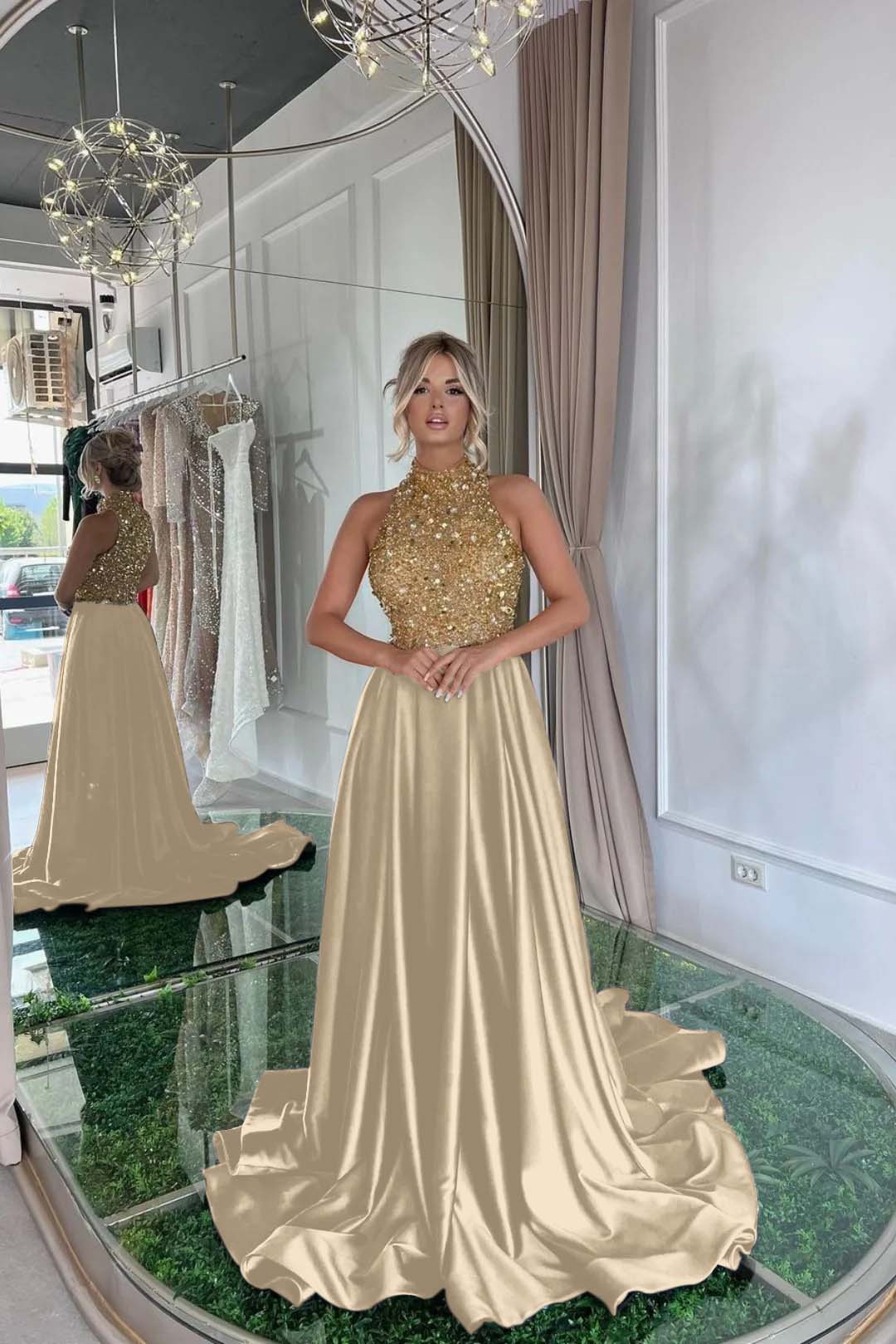Elegant Halter Gold and Black Long Prom Dress with Sequins