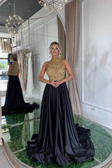 Elegant Halter Gold and Black Long Prom Dress with Sequins