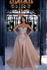 Long Strapless Mermaid Detachable Train Evening Formal Dresses with Front Slit