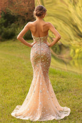Elegant Long Mermaid Strapless Tulle Beading Formal Prom Dresses
