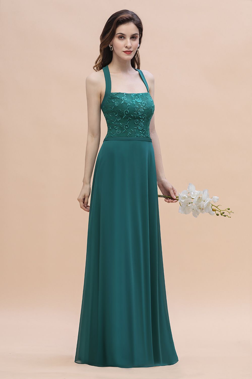 Elegant Straps Peacock Chiffon Appliques Bridesmaid Dress Sleeveless On Sale-Babyonlines