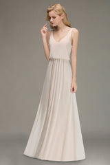 Elegant Straps V-Neck Long Affordable Bridesmaid Dresses with Ruffle-Babyonlines