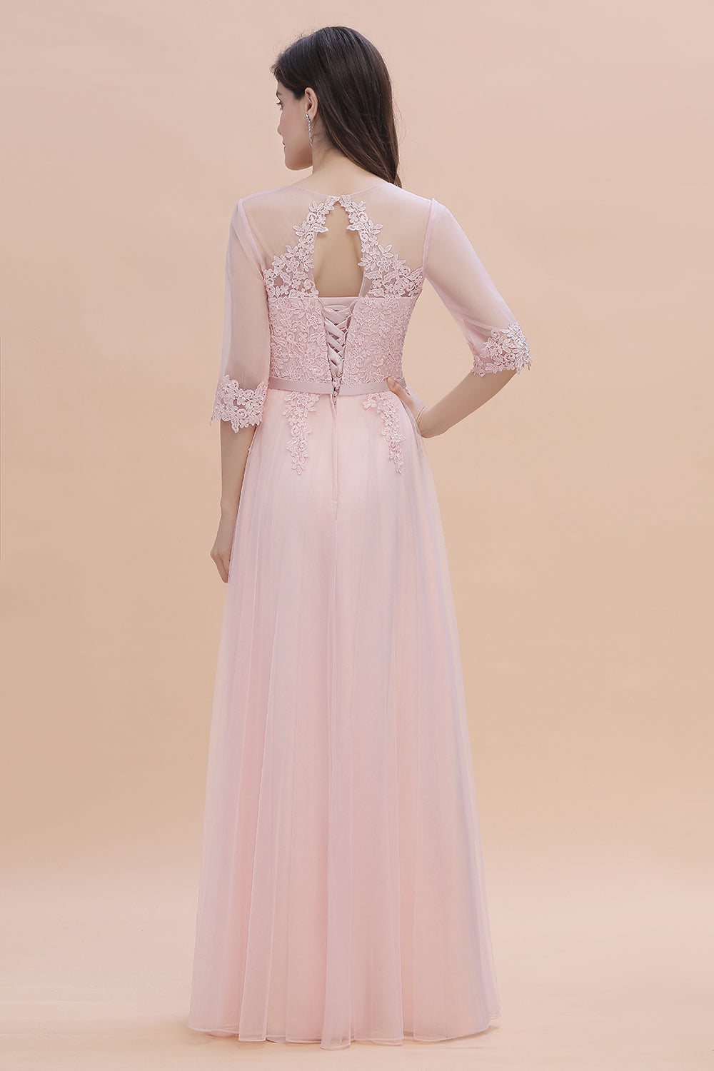 Elegant V-neck Half Sleeves Lace Pink Bridesmaid Dress On Sale-Babyonlines