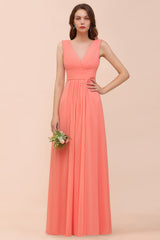 Elegant V-Neck Ruffle Coral Chiffon Affordable Bridesmaid Dresses Online-Babyonlines