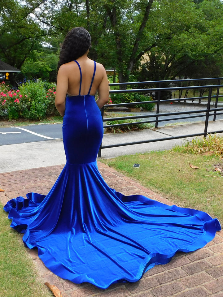 Elegant Blue V Neck Spaghetti Strap Mermaid Long Prom Dress