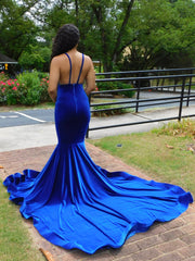 Elegant Blue V Neck Spaghetti Strap Mermaid Long Prom Dress