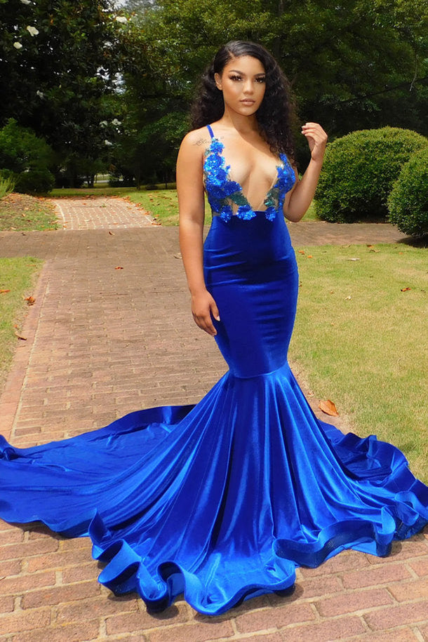 Elegant Blue V Neck Spaghetti Strap Mermaid Long Prom Dress