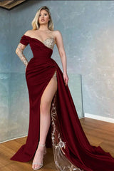 Elegant Yellow One Shoulder Satin Long Prom Dress with Beading and Split
