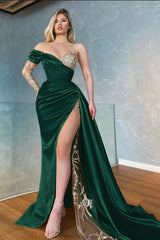 Elegant Yellow One Shoulder Satin Long Prom Dress with Beading and Split