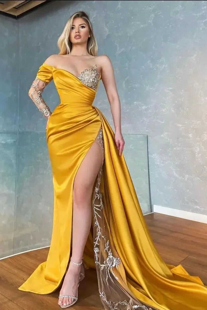 Elegant Yellow One Shoulder Satin Long Prom Dress with Beading and Split