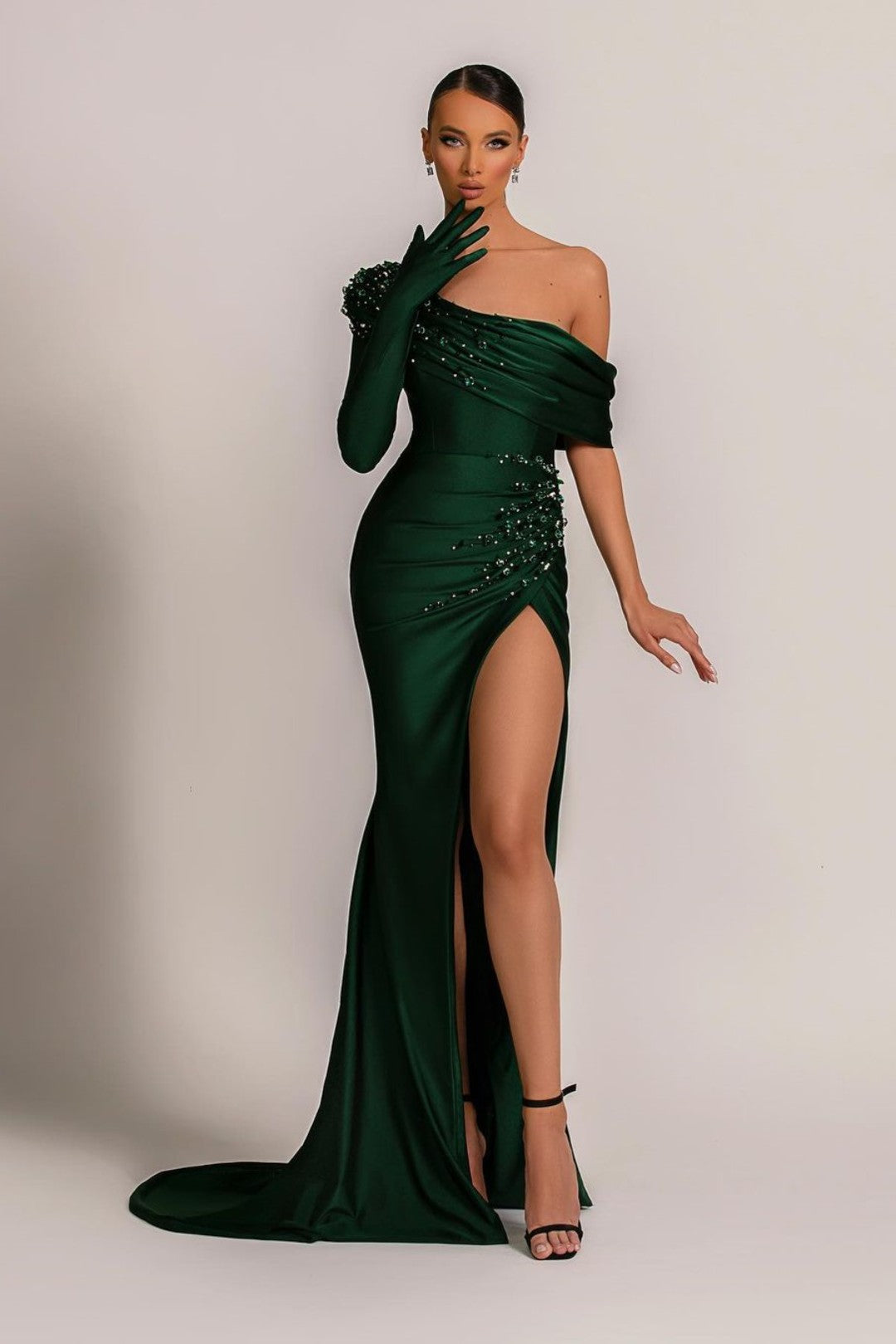 Emerald Green Evening Dress One Shoulder with Pearl Split